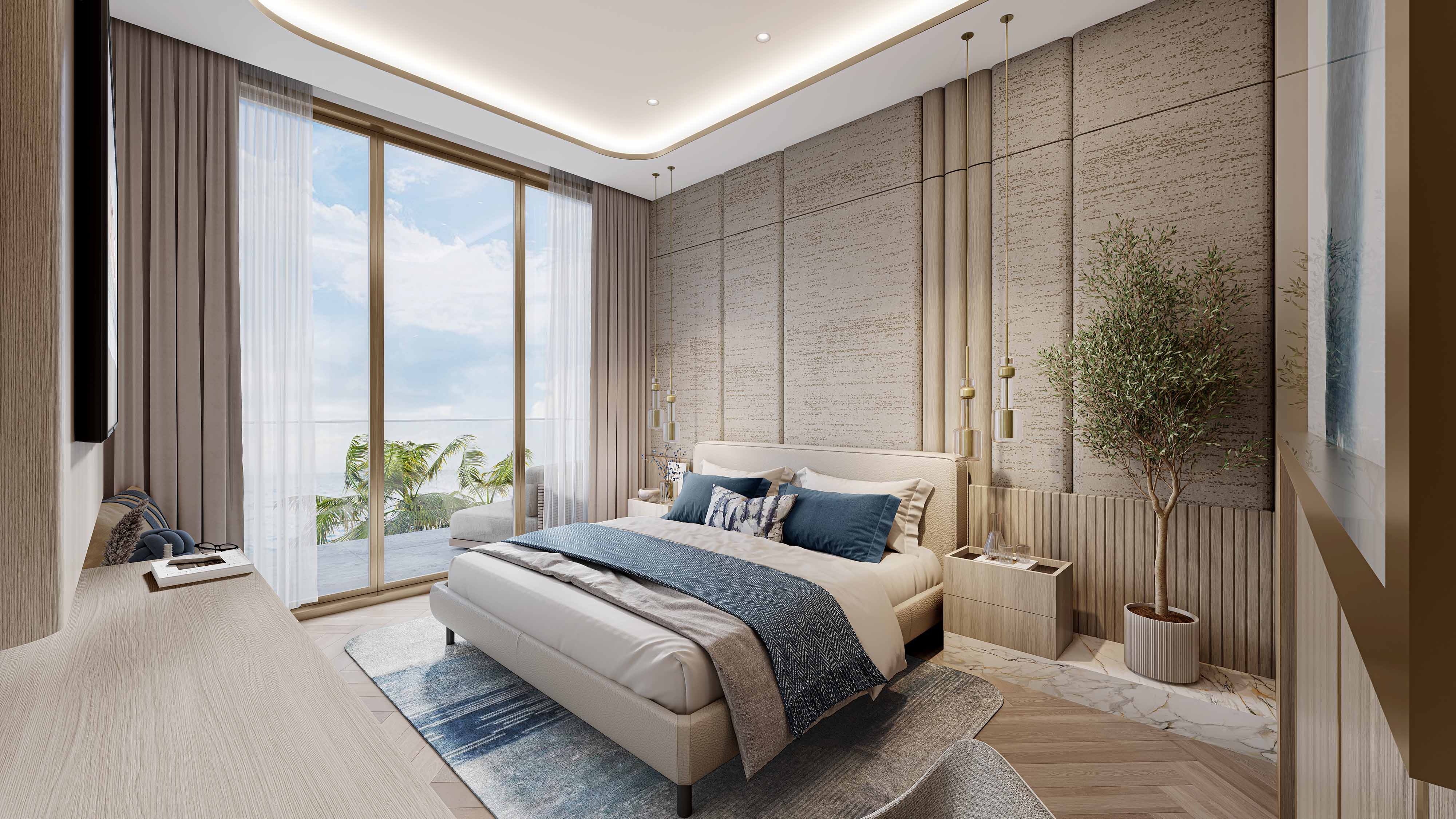 Sunset Bay 3 By Imtiaz A modern bedroom featuring a large bed, contemporary decor, floor-to-ceiling windows, and a view of palm trees outside.